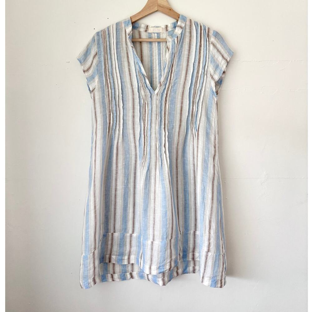 $230 CP Shades Blue Striped Linen Tunic Lagenlook Coastal Made in USA- Size XS